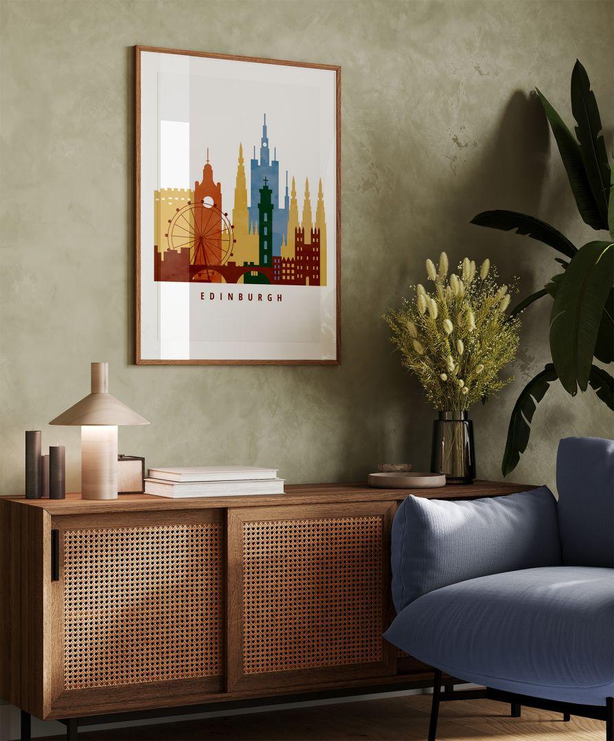 City Illustrations schilderij boven een dressoir tegen een beige-achtige wand