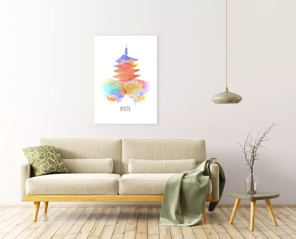 Aquarel-achtig schilderij van een tempel in Kyoto boven een off-white bank op een houten vloer