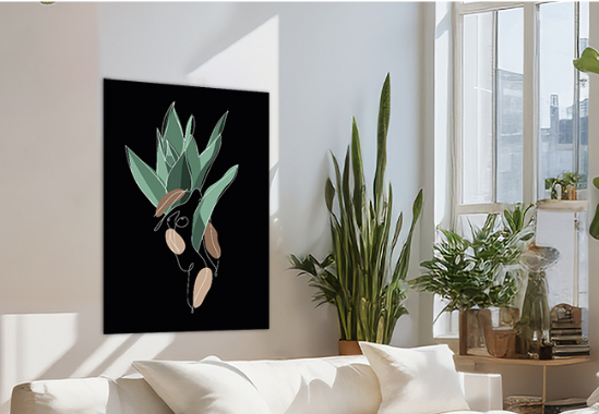 Schilderij Naked Nature boven witte bank met planten in vensterbank