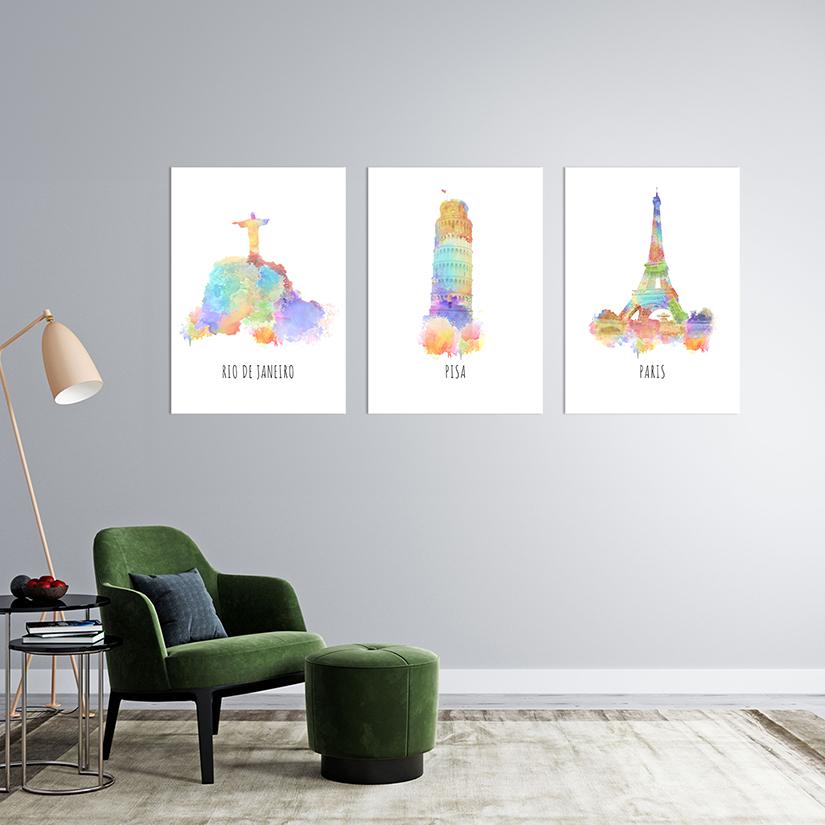 watercolor cities muur decoratie poster serie rio pisa paris