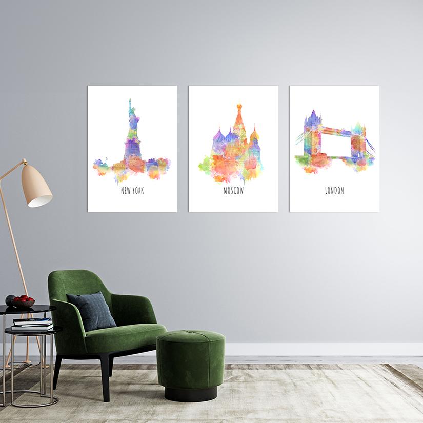 Watercolor city poster verzameling kamer impressie newyork london moscow
