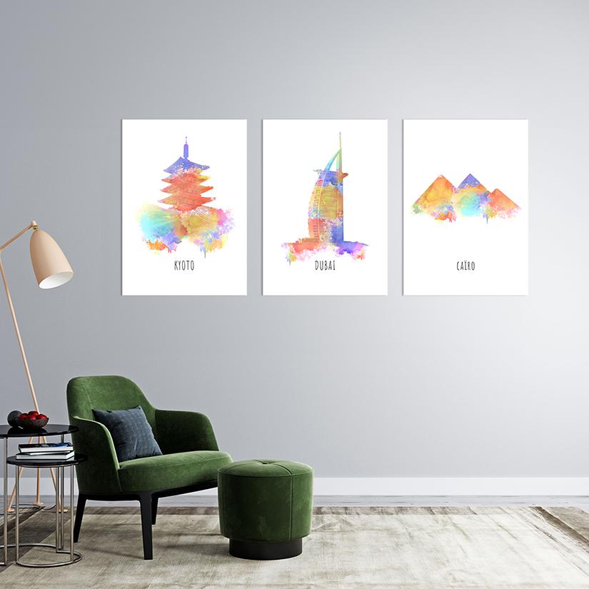 Watercolor city poster verzameling kamer impressie kyoto dubai caïro