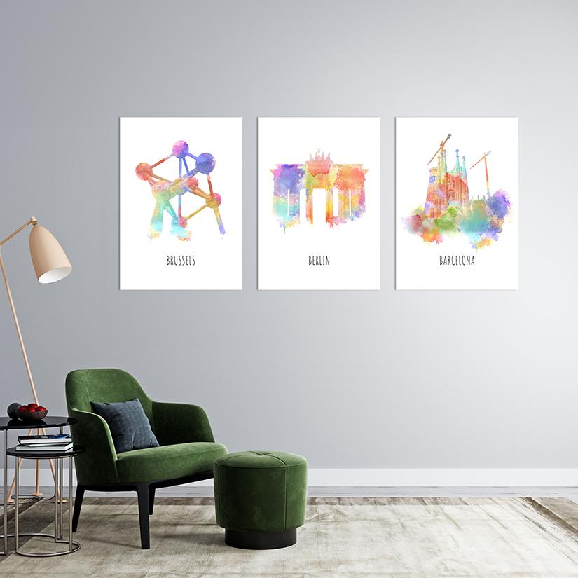 Watercolor city poster verzameling kamer impressie brussel berlijn barcelona