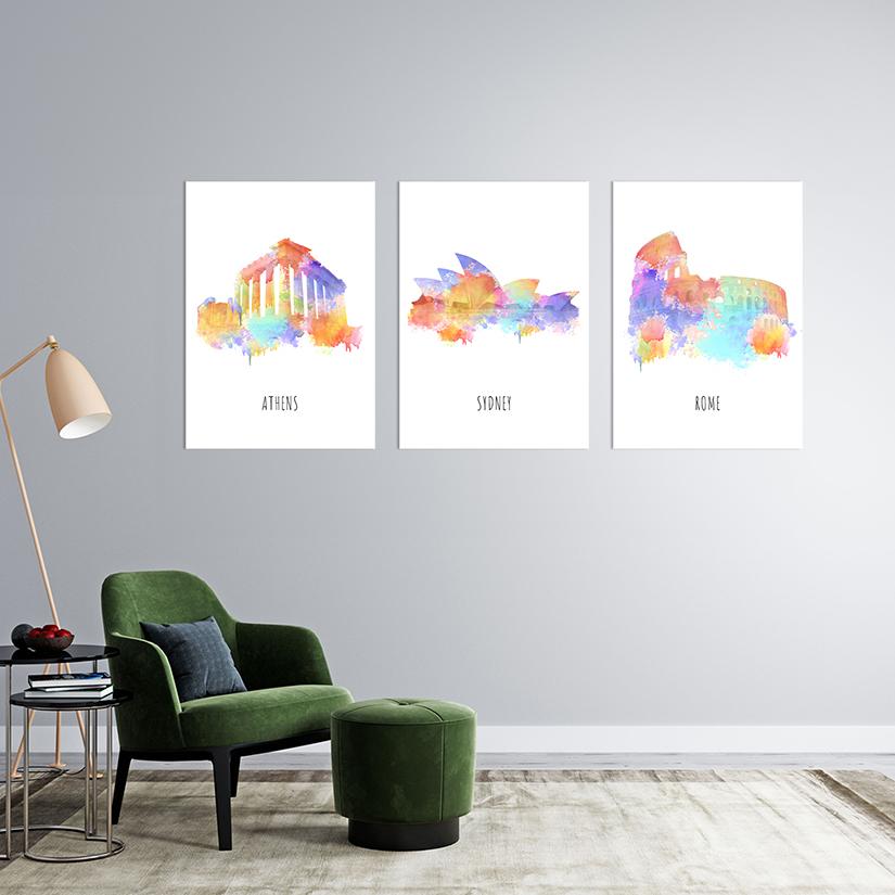 Watercolor city poster verzameling kamer impressie athene sydney rome