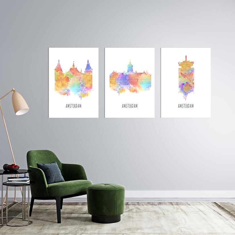 Watercolor city poster verzameling kamer impressie amsterdam toren centraal station de dam