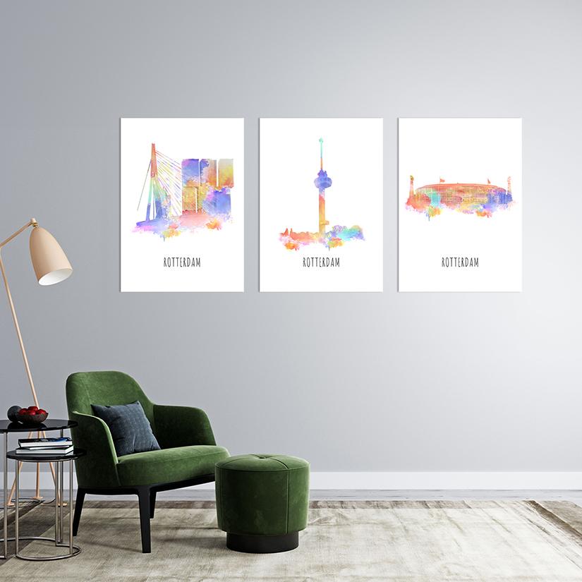 Watercolor city poster verzameling kamer impressie rotterdam euromast kuip skyline